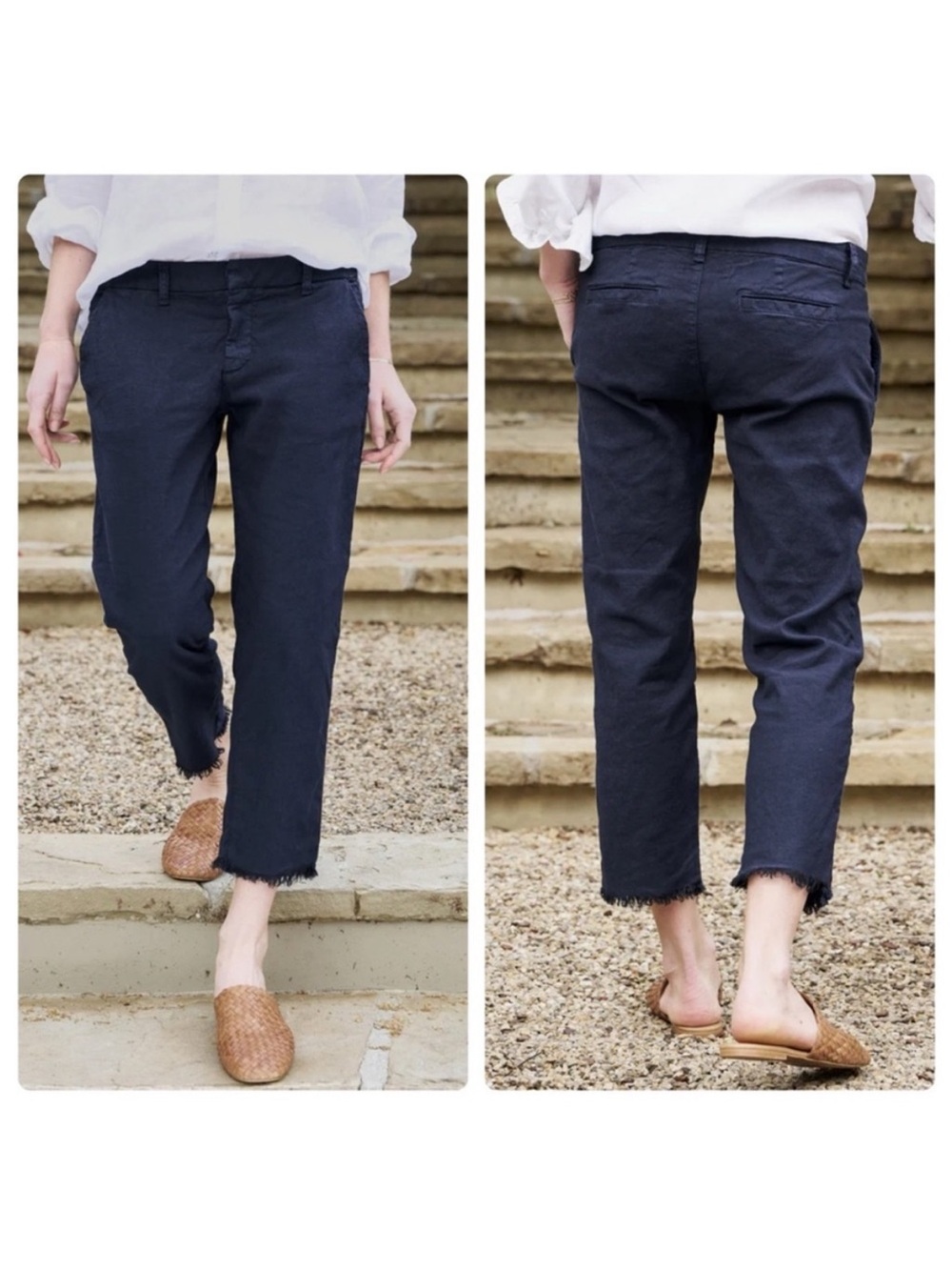 Frank & Eileen Wicklow Cropped Raw Hem Trousers Pants Navy Blue Size 2